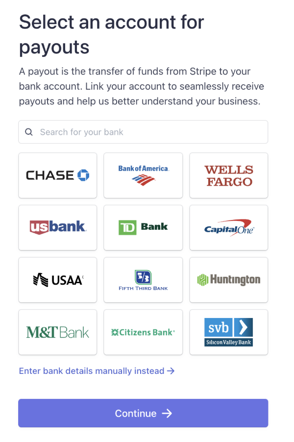Stripe bank selection screen showing popular banks in a grid