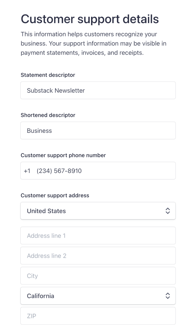 Stripe customer support details form showing statement descriptors, phone number, and address fields