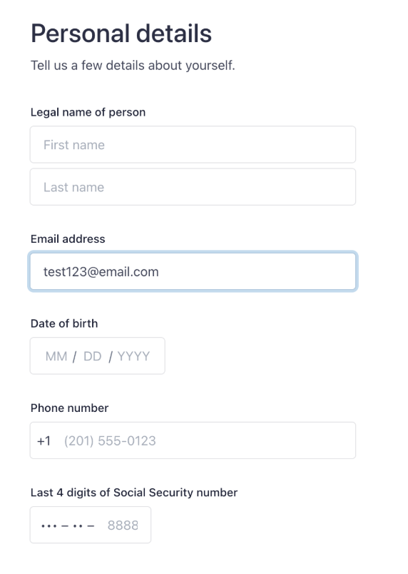 Stripe personal details form showing name, email, date of birth, phone, and SSN fields